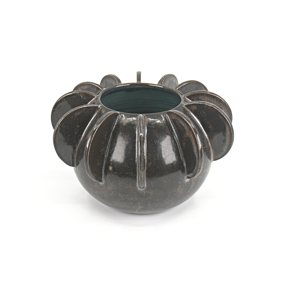 Wheel-thrown high-fired stoneware vase with attached ribs by Salt Spring Island artist Nova Cogswell.